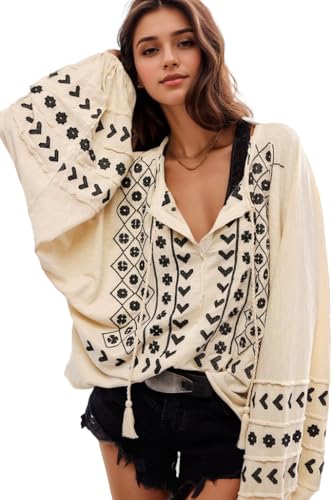 Kedera Womens Boho Embroidered Tops Floral Babydoll Tops Long Sleeve V Neck Peasant Blouses Mexican Shirt