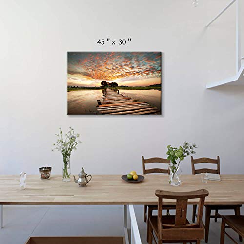 Hardy Gallery Lake Bridge Canvas Picture Artwork: Wooden Bridge Painting Sunset Landscape Wall Art Print For Living Room (45” X 30” X 1 Panel) #TOP1