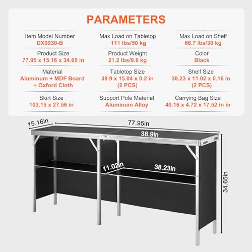 Image of VEVOR Extra Long Folding Portable Bar Tradeshow Podium Table for Indoor, Outdoor, Party, Picnic, Exhibition, Includes Carrying Case, Storage Shelf and Black Skirt, 77.95 inch x 15.16 inch x 34.65 inch