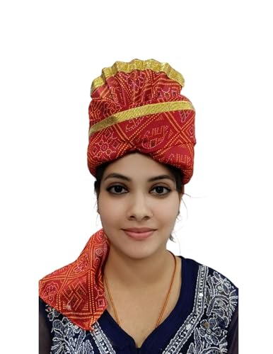 Image of BookMyCostume Traditional Rajasthani Safa & Barati Pagdi Collection - Pre-Stitched Ethnic Turbans, Bandhani /Leheriya Headwear For Weddings, Cultural Folk Dance & Festival Pagdi for Adults