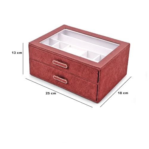 Image of BucketList Premium PU Leather Jewellery Organizer Box with Glass Lid | 2 Pull-Out Drawers Multi-Compartment Storage for Rings, Earrings, Necklaces & Bracelets (2-Layer Jewelry Box (Red))