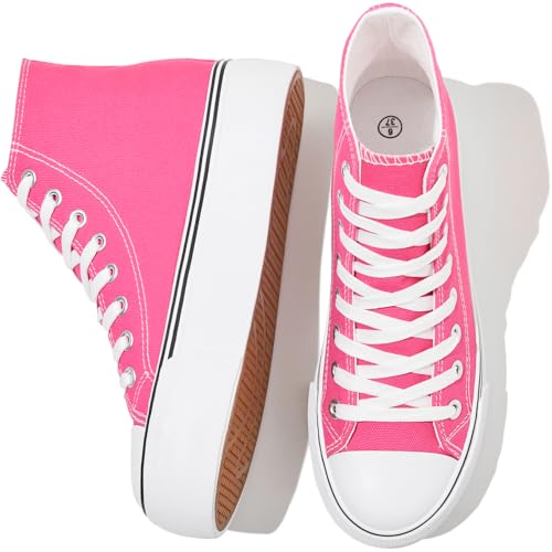 Image of FRACORA Womens High Top Canvas Shoes White Black Platform Sneakers Lace Up Shoes for Women(Hot Pink,US8)
