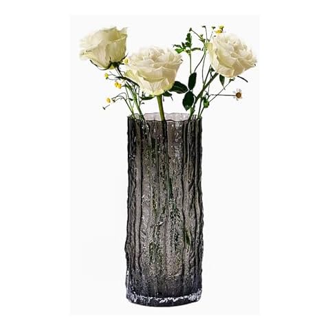 Voguad 9.8 Inch Black Glass Vase, Glacier Glass Flower Vase, Boho Cylinder Ribbed Vase for Centerpiece, Living Room, Kitchen, Bookshelf, Dinner Table Cover