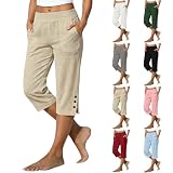 Capri Pants for Women Dressy Capri Pants for Women Elastic Waist Relaxed Fit Casual Soft Cotton Linen Pants with Pockets Summer Outdoor Athletic Hiking Khaki L