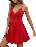 Aphratti Red Dresses for Women Summer Casual Spaghetti Strap Sun Dress Sleeveless Faux Wrap Fit and Flare Flowy Sexy Short Sundress (Red, Large)
