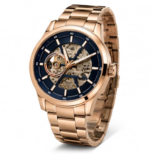 Image of Automatic Watches for Men Gold Watch Skeleton Analog Watch with Blue Dial, Mechanical Wrist Watch, Stainless Steel Chain Strap, Luxury Watches for Men, Classic Waterproof Timepiece