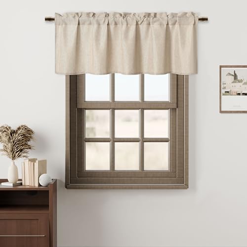 Hiasan Faux Linen Valance Curtains for Kitchen, Light Filtering Rod Pocket Farmhouse Window Valance for Living Room Bedroom Basement, Beige, 42 x 18 Inches Length, 1 Panel