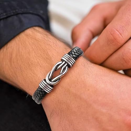 Image of THE MEN THING Leather Bracelet for Men - American Style Genuine Leather Multi-Layer Braided Bracelet with 100% Stainless Steel Magnetic Buckle for Men & Boys (8 inch)