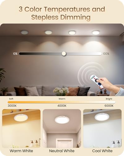Image of 2 Pack Rechargeable Motion Sensor Closet Light with Remote, Wireless Ceiling Light, Battery Operated LED Ceiling Light, 3CCT, Dimmable Ceiling Light for Shower Stairs Garage Pantry Hallway
