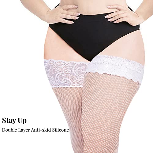 Image of Moon Wood Plus Size Fishnet Stockings Womens Sheer Silicone Lace Top Stay Up Lingerie Fishnets Thigh Highs Stockings