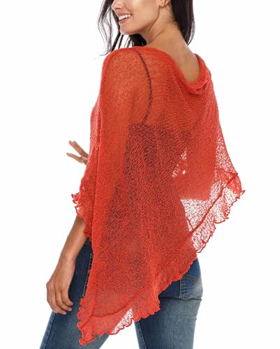 Image of SHU-SHI Women's Sheer Knit Poncho Shrug Lightweight Asymmetrical Ruffle Wrap Dressy Summer Shawl Cover Up Top