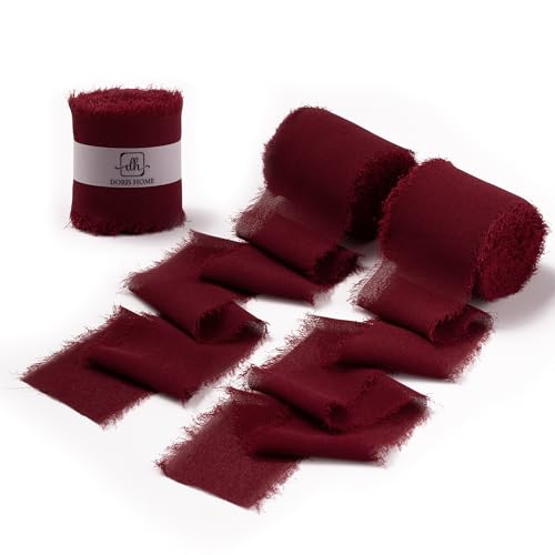 DORIS HOME Burgundy Chiffon Ribbon for Flower Bouquet, 2' x21Yd Fabric Ribbon for Gift Wrapping, Handmade Frayed Ribbon for Wedding, Chiffon Silk Ribbon for Christmas Decorations