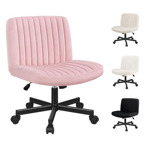 ALFORDSON Armless Office Chair with Velvet Upholstery, Cross Leg Task Desk Chairs with Tilt Recline, Swivel Base & Wheels, Mid-Back Criss Cross Computer Wide Seater, Breeze Series, Velvet Pink