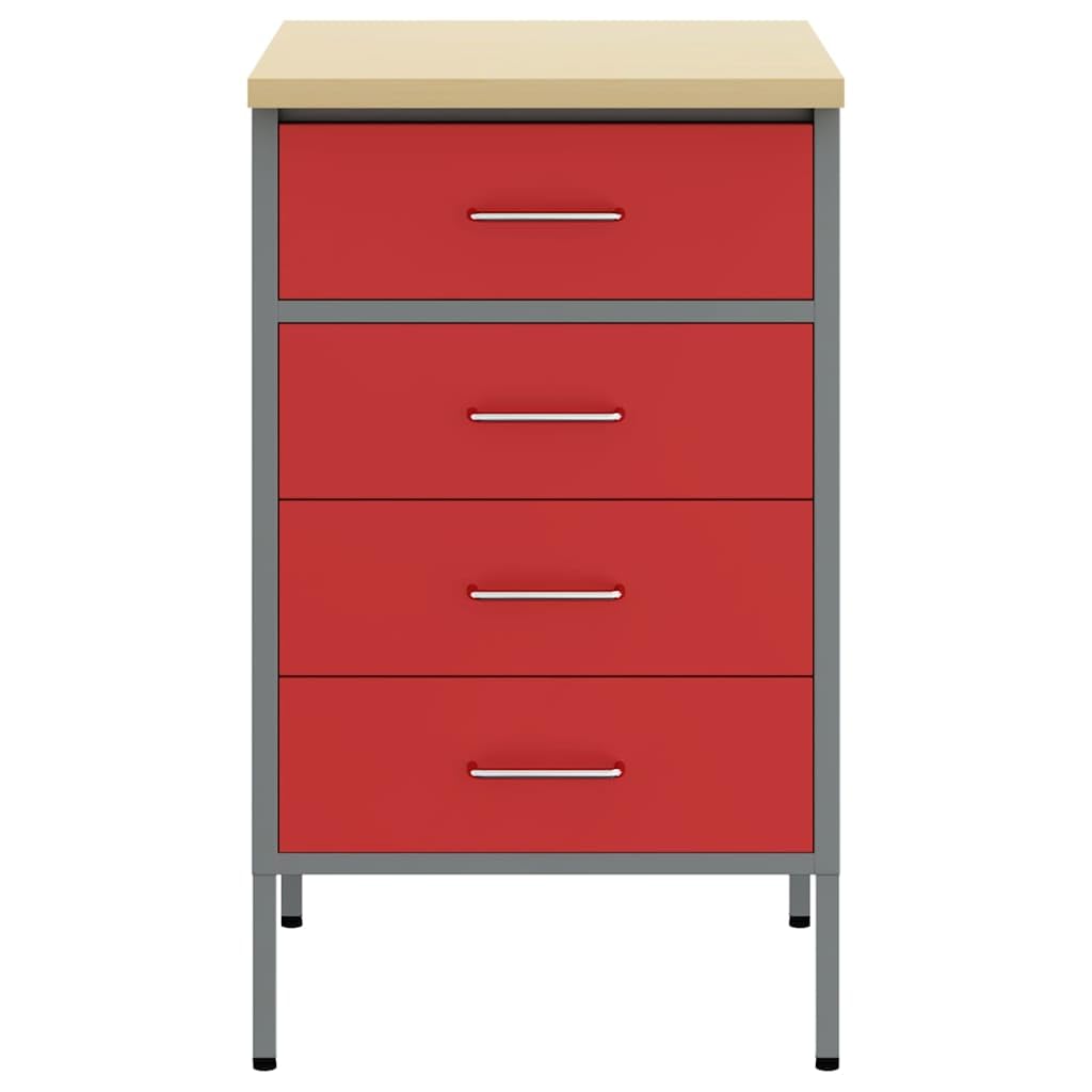 Banco de trabajo de ingenieros de madera y acero, 50 x 55 x 85 cm, con 4 cajones, diseño estable para taller, garaje y sala de hobby, superficie de metal resistente y tablero DM en color rojo