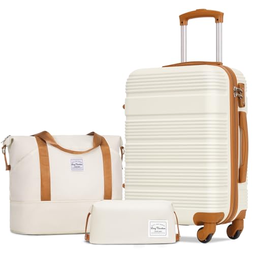 Image of LONG VACATION Luggage Sets with Spinner Wheels, Carry on Suitcase 3 Piece | Tsa Approved Carry On Luggage, ABS+PC Hardshell, YKK Zipper,Lightweight, 20 Inch Luggage for Travel Business,White (20 /DB /TB)
