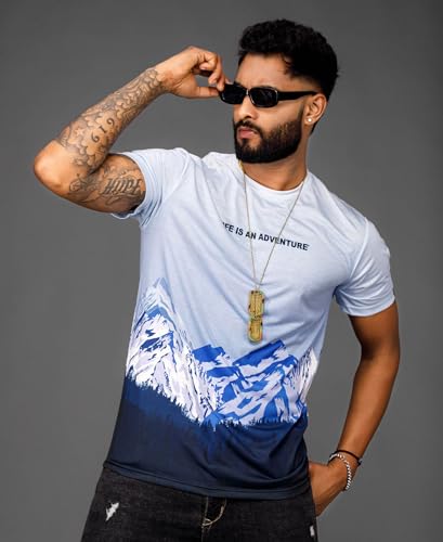 Image of WANDERLOOMS Men Tshirt Front & Back Graphic Printed Full Print Tshirt for Men Round Neck Half Sleeve T-Shirt Blue