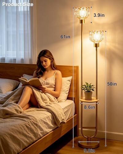 Image of Lightdot 2-Lights Modern Glass Floor Lamp with Table Gold Standing Tall Lamps with Amber Glass Shade, Flower Floor Lamp with Foot Switch for Living Room Bedroom Home Decor (Bulbs Included)
