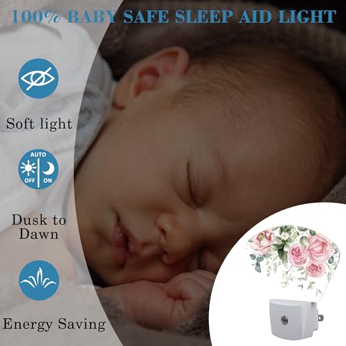Image of Watercolor Pink Flowers Night Light Plug into Wall, Pink Roses Night Light with Dusk to Dawn Sensor for Kid Girls Boys Women Men Room, Hallway, Kitchen, Bathroom, Stairs Decor