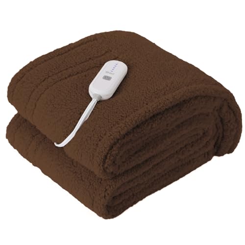 Electric Throw Blanket 50X60- Soft Double Sided Sherpa Heated Throw Blanket with 4 hrs Auto Shut Off & 5 Heatings Levels ETL Certified & Overheating Protection for Home (Brown)