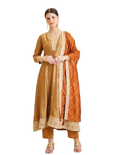 Image of MOKOSH Women's Silk Embroidery Anarkali Kurta Pant with Dupatta | Anarkali Kurta Set |Embroidered |V Neck Full Sleeve Ethnic Suit |3 Piece Outfit