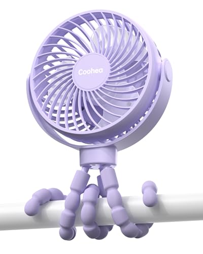 Image of Coohea Stroller Fan Clip on for Baby, 4000mAh Rechargeable Battery Operated, Flexible Tripod, 3 Wind Speed, 360° Rotatable, Small Portable Fan for Car Seat Crib Backseat Beach Travel Camping, Purple