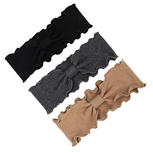 Boho Headbands for Women Non Slip 3 Pack, Fashion Knotted Stretchy Head Bands Women Hair, Wide Turban Knit Headband with Wavy Edge Vintage Yoga Workout, Solid Color
