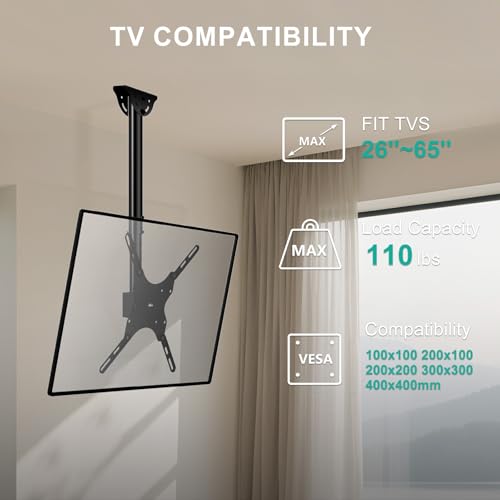 WALI Ceiling TV Mount for 26-65 Inch LCD LED OLED 4K TVs, Hanging Pole Ceiling Mount TV Bracket Up Down, TV Ceiling Mounts for Gym Patio Gazebo, up to 110 lbs, Max VESA 400x400mm (CM2665), Black by WALI - Image 2