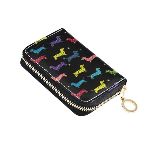 Cute Card Holder RFID Blocking Wallet Womens Small Leather Zipper Wallet with Coin Pocket Colorful Dachshund Polka Dots Black