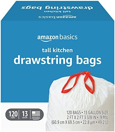 Amazon Basics Tall Kitchen Drawstring Trash Bags, 13 Gallon, 120 Count (Previously Solimo)