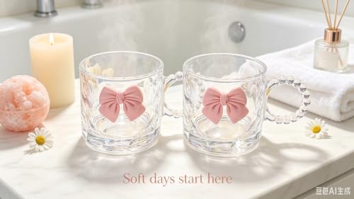 Set de 2 tazas de vidrio con moño y asa perlada 300 ml miniatura 2