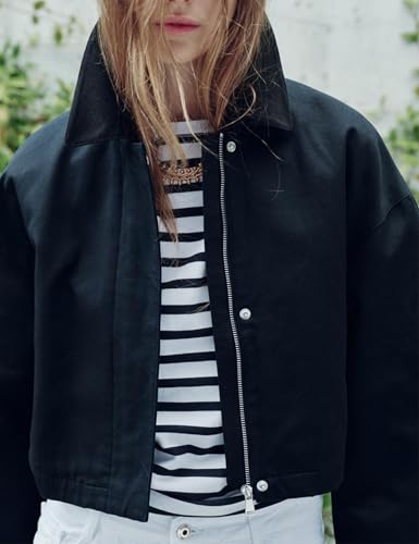 Women's Cropped Jacket Long Sleeve Zip Up Corduroy Collar Jackets Outwear with Pockets3