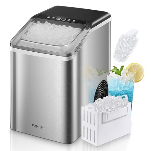 FOHERE Nugget Ice Maker Machine, 38lbs Crushed Ice in 24H, Chewable Pellet Ice Cube, Portable Sonic Ice Maker with Pebble Ice, Self-Cleaning Ice Maker Countertop (Stainless Steel Silver)