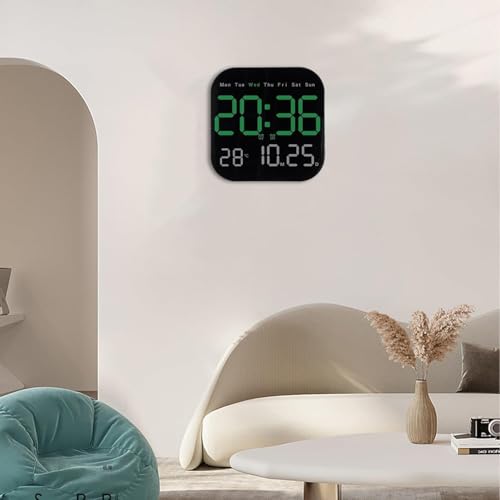 Image of 15-Inch Digital Wall Clock with Large LED Display - Remote Control, Auto-Dimming, Night Light, Date, Day, Temperature, DST Function - Ideal for Living Room, Bedroom (Square 9 inch Green)