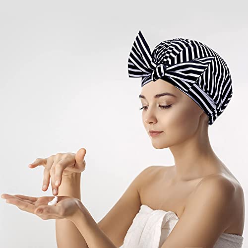 2 Pieces Shower Caps for Women Waterproof Reusable Shower Bowknot Bathing Hair Caps Long Short and Curly Hair for Girls (Leaves and Stripes)