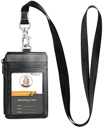 Leather Badge Holder with Lanyard 1 Clear ID Window and 3 Card Slots with Secure Snap Button Cover 1 Zipper Wallet Pocket 1 Durable Nylon Lanyard for Offices ID School ID Credit Cards Driver Licence
