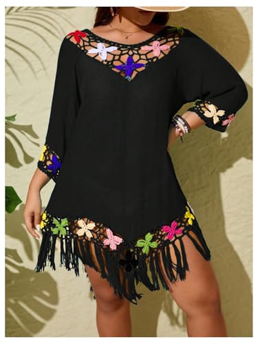 Verdusa Women's Plus Size Boho Hollow Out Floral Fringe Beach Cover Up Dress 3/4 Sleeve Tunic Dress4