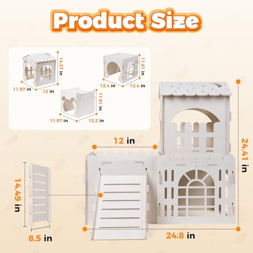 Large Rabbit House, Wooden Bunny Castle with 3 Houses Indoor, Rabbit Guinea Pig Cage Multistory Climbing Tower Sturdy Wooden Castle, Small Animal Hideaway Tunnel - Image 2