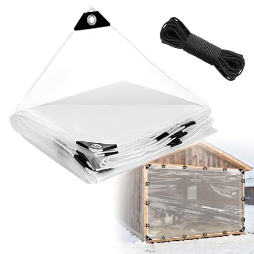Lona impermeable transparente de 8 × 6 pies de grosor con cuerda, lona de polietileno transparente resistente a la lluvia para plantas, tela aislante con ojales para cubrir suministros de camping de