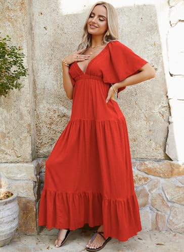 Image of Kikibell Women Summer Dresses Sexy V-Neck Maxi Dress Tiered Silhouette with Flutter Sleeve Backless Elastic Waist Flowy Dress