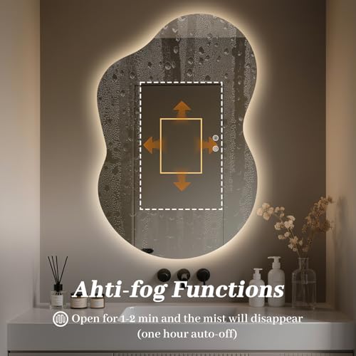 Image of WallBeyond 36 inchx24 inch Irregular LED Bathroom Mirror with Lights, Asymmetrical Backlit Vanity Mirror for Powder Room or Makeup Area, Dimmable & Anti-Fog, Dual Mounting