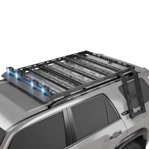 YZONA Roof Rack Hard Top Cargo Basket with Ladder & 4 LED Lights Compatible with Toyota 4Runner / Land Cruiser & Prado 4 Doors Hardtop Rooftop Rack Carrier Luggage Storage Holder