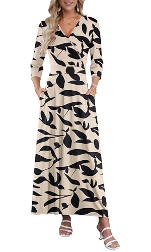 AUSELILY Maxi Dresses for Women 3/4 Sleeve V Neck Wrap Elegant Long Dress