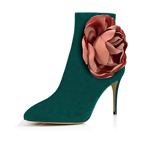 FSJ Women Fashion Flower Ankle Boots Pointed Closed Toe Stilettos High Heels Short Booties Faux Suede Side Zipper Ladies Party Wedding Fall Winter Dress Shoes Size 4-15 US