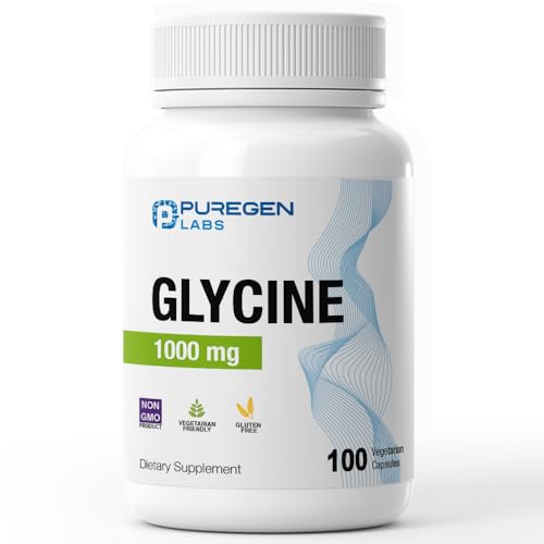 Puregen Labs Glycine 1000mg [High Potency] 100 Vegetarian Capsules Promotes Healthy Rest | No Harmful Additives | Non-GMO NO Gluten and Dairy -100 Servings