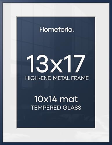 Image of Homeforia 13x17 Picture Frame Navy Blue, High End Metal 13x17 Poster Frames with Mat 10x14 Photo, 13 x 17 Navy Blue Frame Matted to 10 by 14 Print, 17x13 Thin Frame, Tempered Glass, Wall Kit, Set of 1
