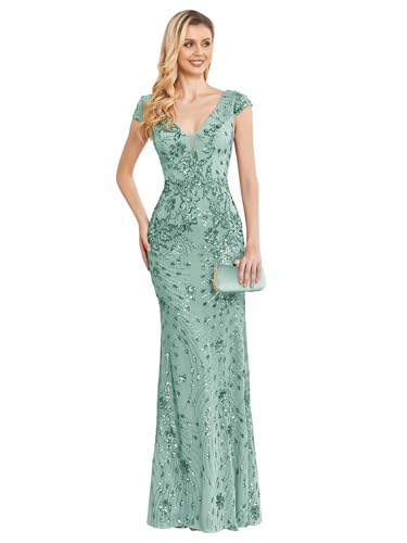 Image of Womens Sequined Long Evening Gown Glamous Sleeveless V-Neck Mermaid Prom Dress for Wedding Party Club Occasions