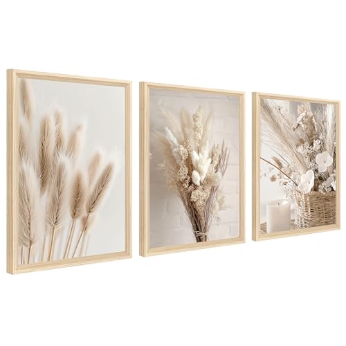 3Pcs Cadre en bois Impression sur Toile Beige Boho Herbe de Pampa Tableau Peinture Affiche Fleur nordique Sauge Herbe Séchée Tableau Decoration Murale Salon Chambre...