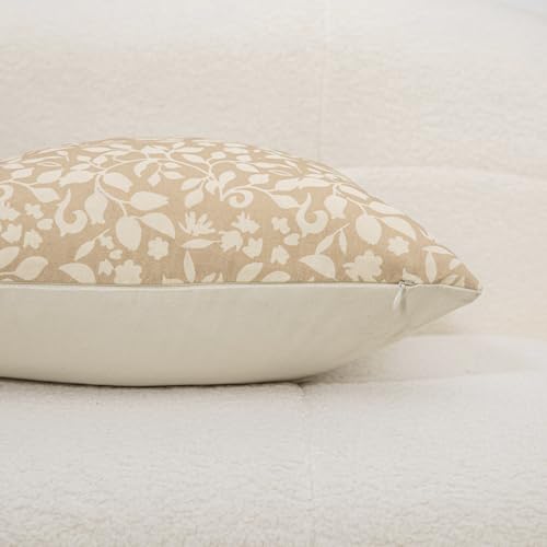 Vfuty Set of 2 Floral Print Pillow Covers 18x18 - Farmhouse Boho Cream Beige Cotton Cushion Cases for Sofa, Bed, Living Room Rusitc Home Decor — view 4