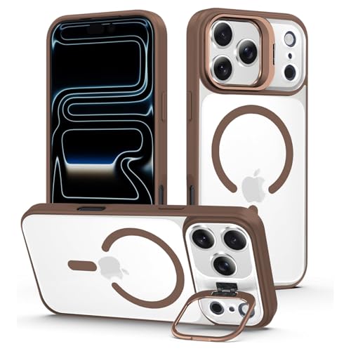 Image of VONZEE Clear Camera Kickstand Case for iPhone 17 Pro Max, Built-in Adjustable Camera Stand, Clear Magnetic Mag-Safe Shockproof Classic Series Phone Cover (Brown)