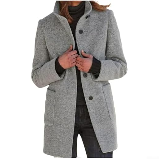 Abrigo de manga larga para mujer con cierre de botonadura simple y cuello alto, adecuado para uso en invierno con bolsillos (XL gris claro) | Ya disponible en tu tienda friki favorita! En mundofriki.es! Abrigo de manga larga para mujer con cierre de botonadura simple y cuello alto, adecuado para uso en invierno con bolsillos (XL gris claro) | Ya disponible en tu tienda friki favorita! En mundofriki.es!